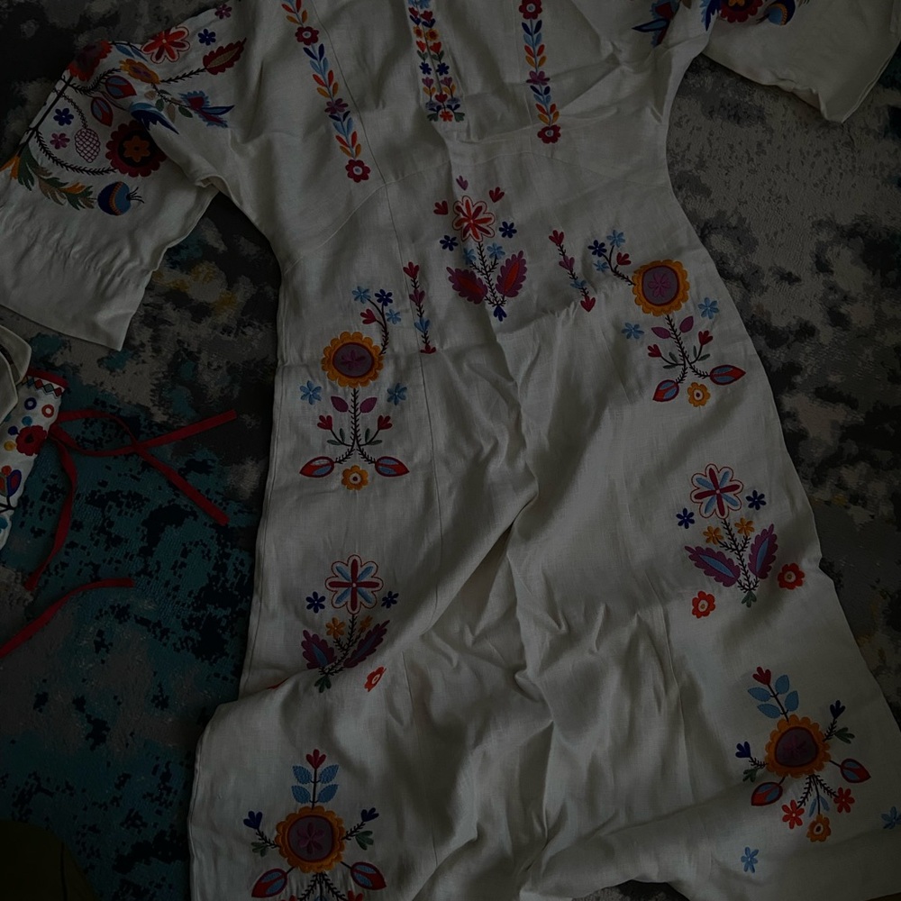 Ukrainian brand linen floral beige dress ETNODIM - Picture 5 of 8